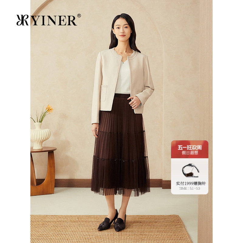 YINER音儿专选女装春季新中式短款圆领绵羊真皮皮衣夹克外套