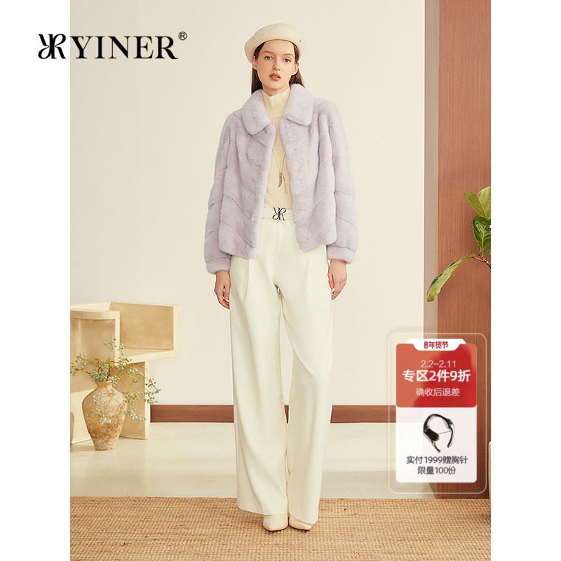 YINER音儿2025冬季新款进口水貂毛羊皮革拼接翻领短皮草外套