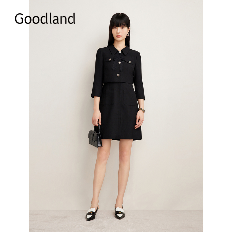 Goodland美地女装秋季法式优雅通勤减龄翻领假两件连衣裙