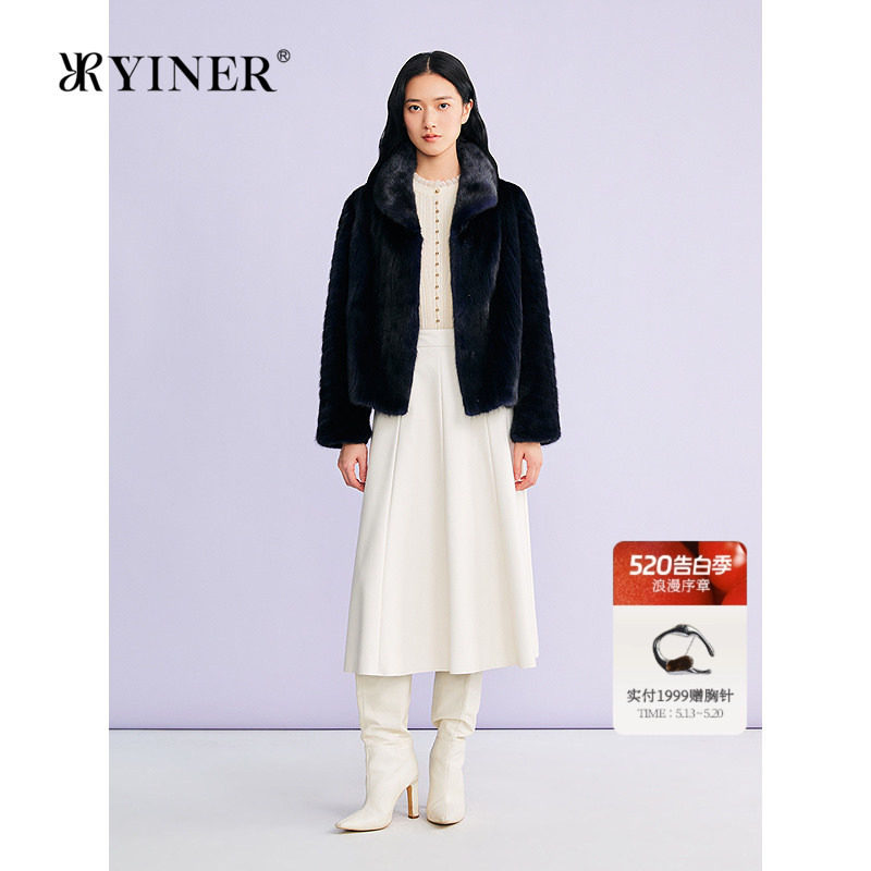 YINER音儿专选2026春季新款法式矜贵奢感一手长翻领水貂毛皮