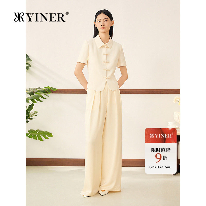 YINER音儿女装夏季新中式优雅小翻领盘扣醋酸混纺通勤短款外套
