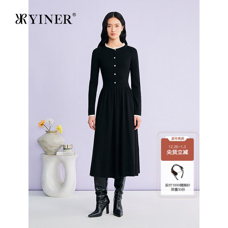 YINER音儿专选2026春季新款法式减龄木耳花边圆领修身针织连