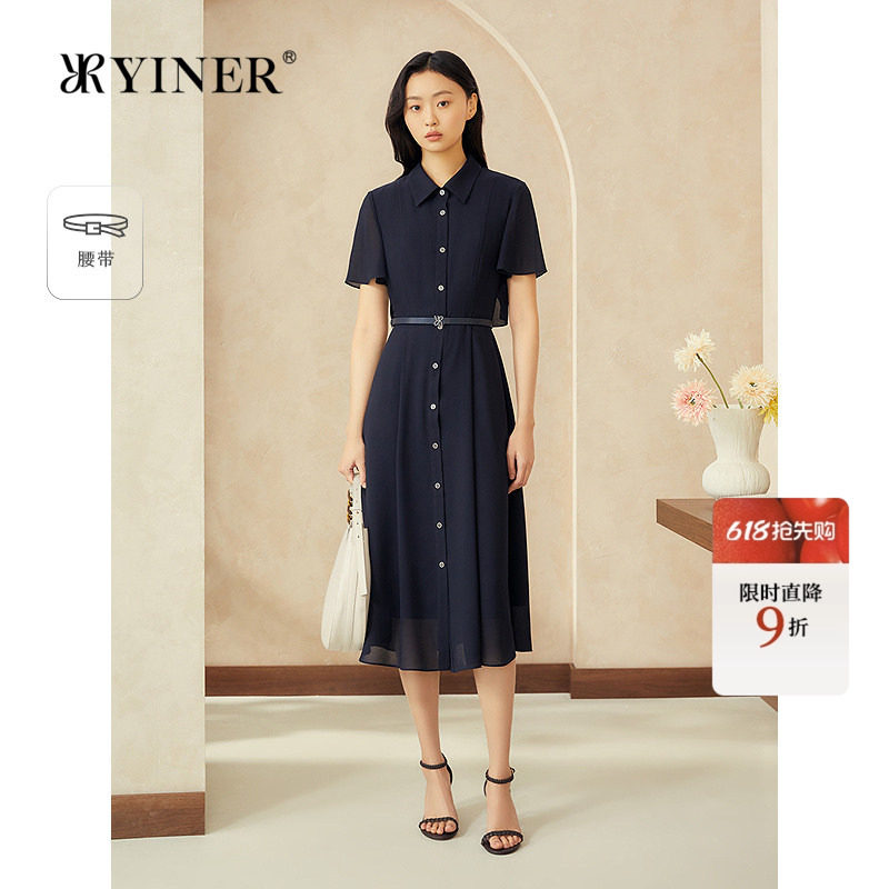 YINER音儿专选女装夏季复古翻领透气雪纺衬衫领收腰连衣裙