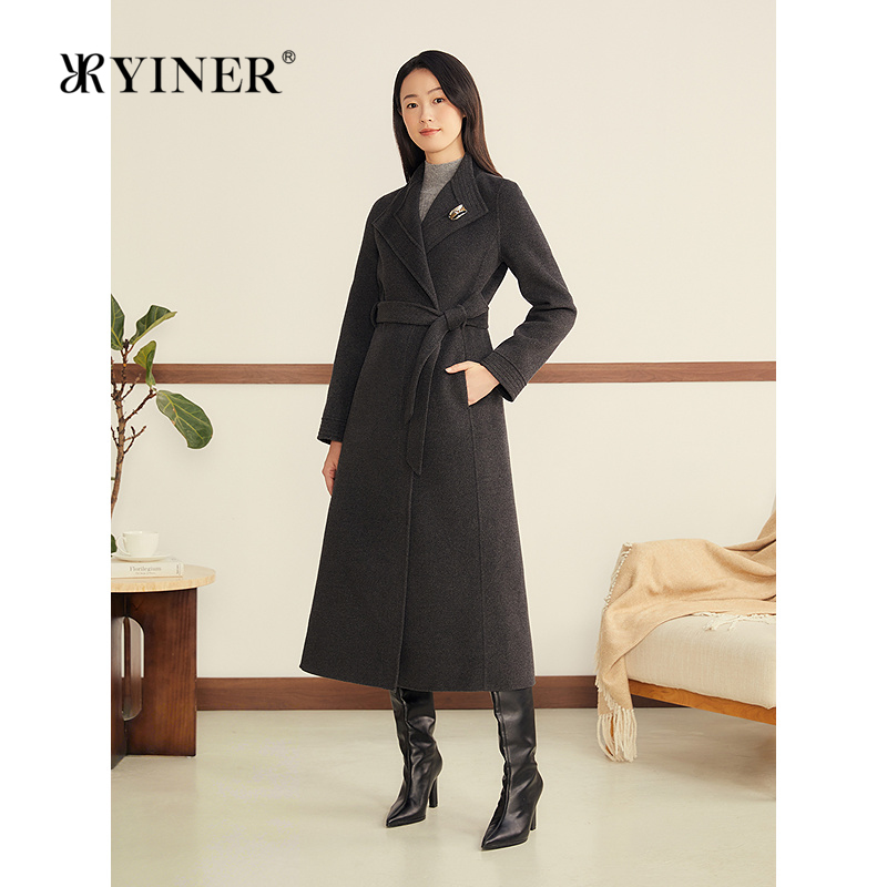 YINER音儿2025冬季新款法式大翻领羊毛羊绒混纺手缝双面呢大衣