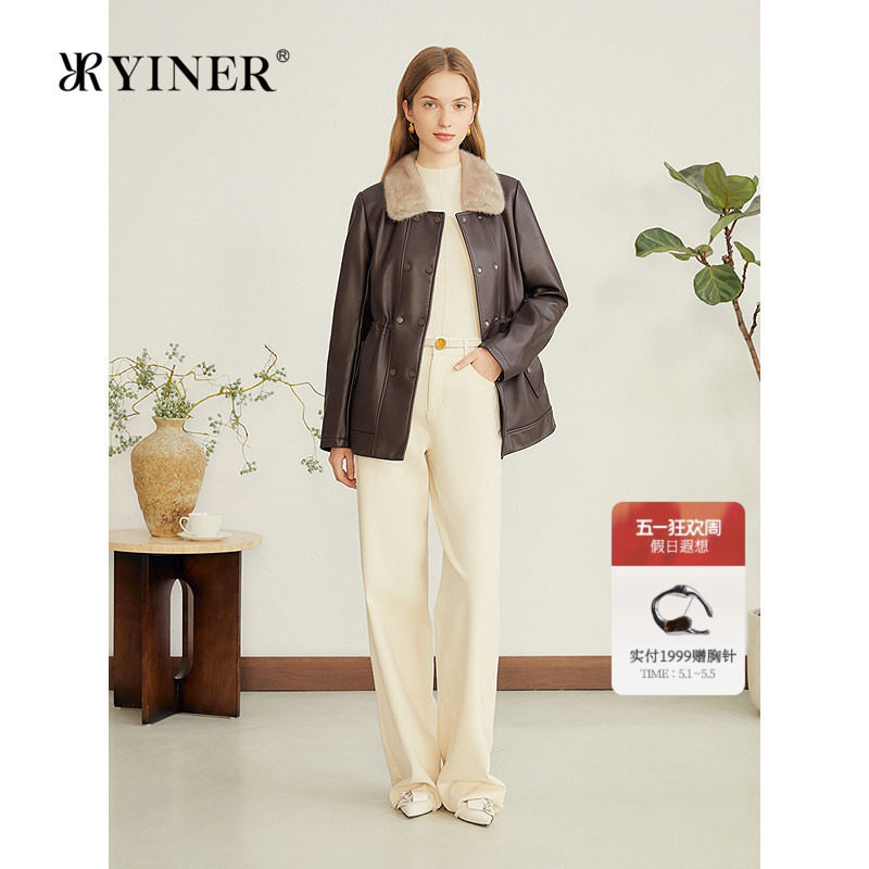 YINER音儿专选女装秋季复古巴恩风撞色水貂毛领绵羊真皮皮衣