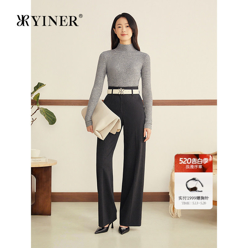 YINER音儿女装冬季法式智感羊绒羊毛混纺螺纹半高领针织衫