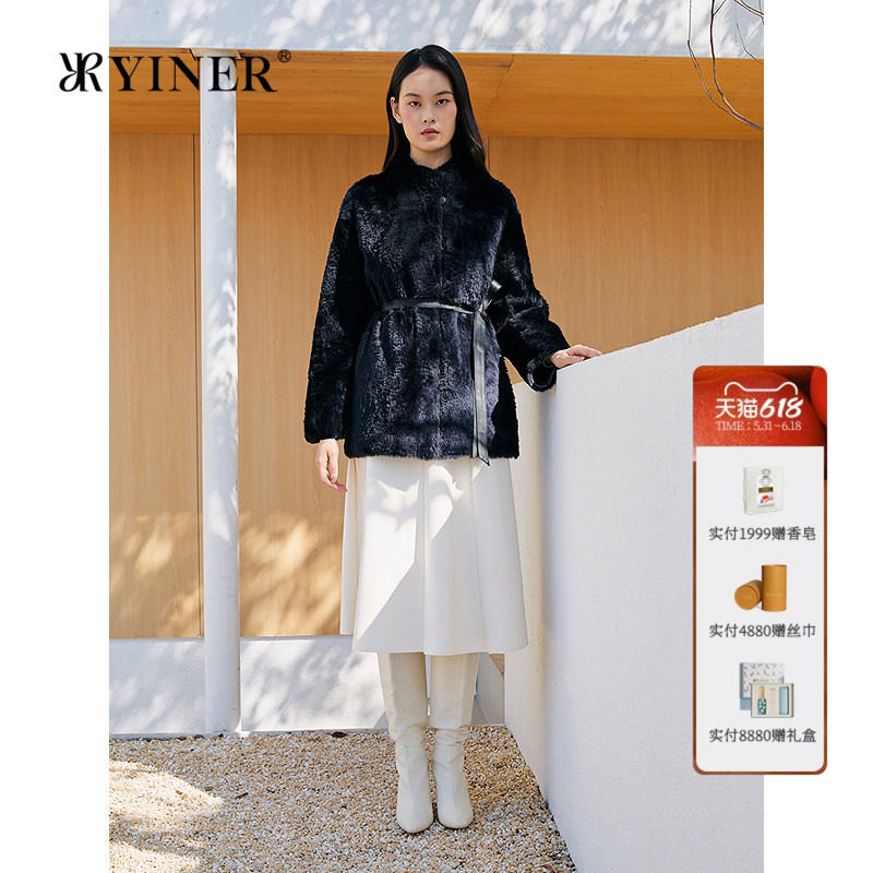 YINER音儿专选女装冬季优雅时尚一手长立领羊皮毛一体皮草外套