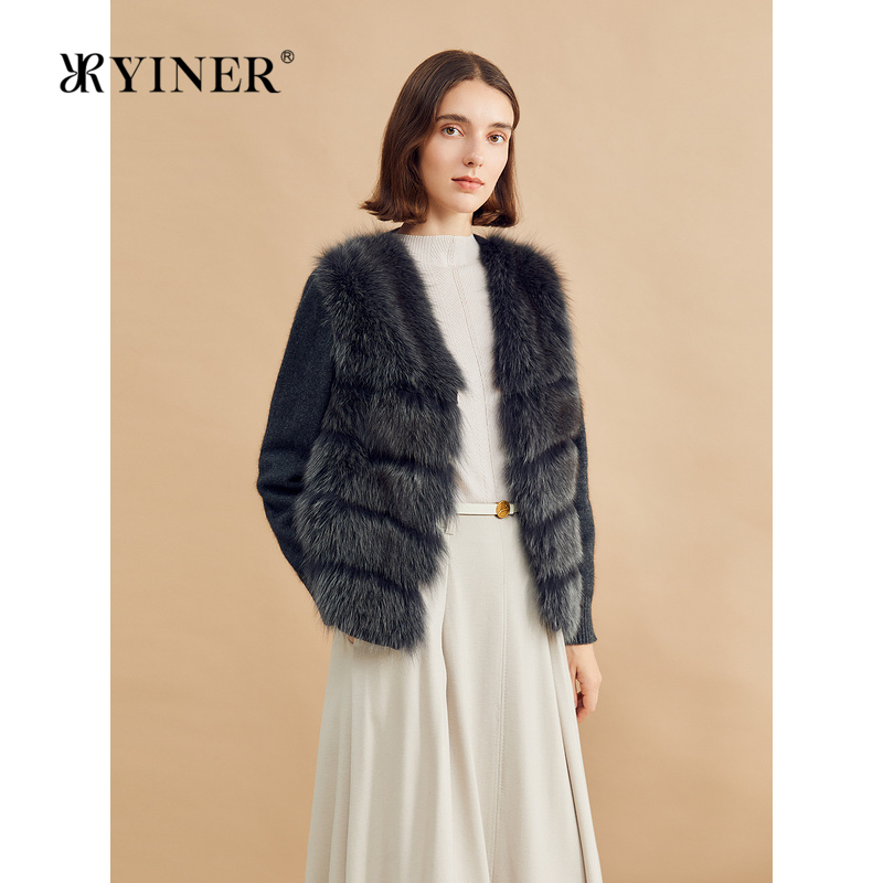 YINER音儿专选冬季短款假两件狐狸毛拼接兔毛皮草外套