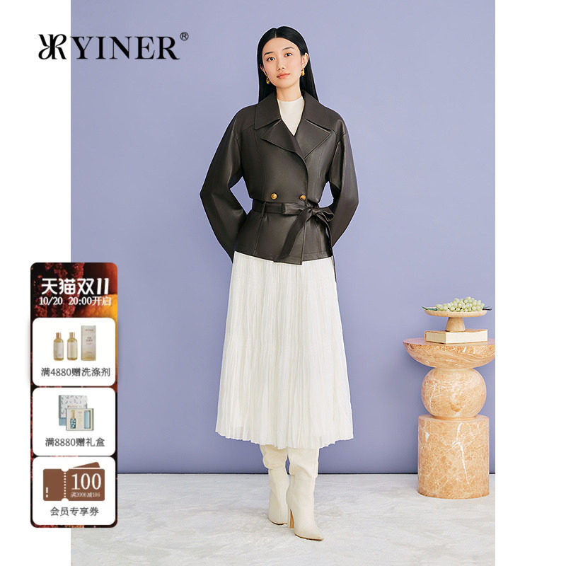 YINER音儿专选2026秋季新款气质翻领羊皮革真皮皮衣夹克收腰