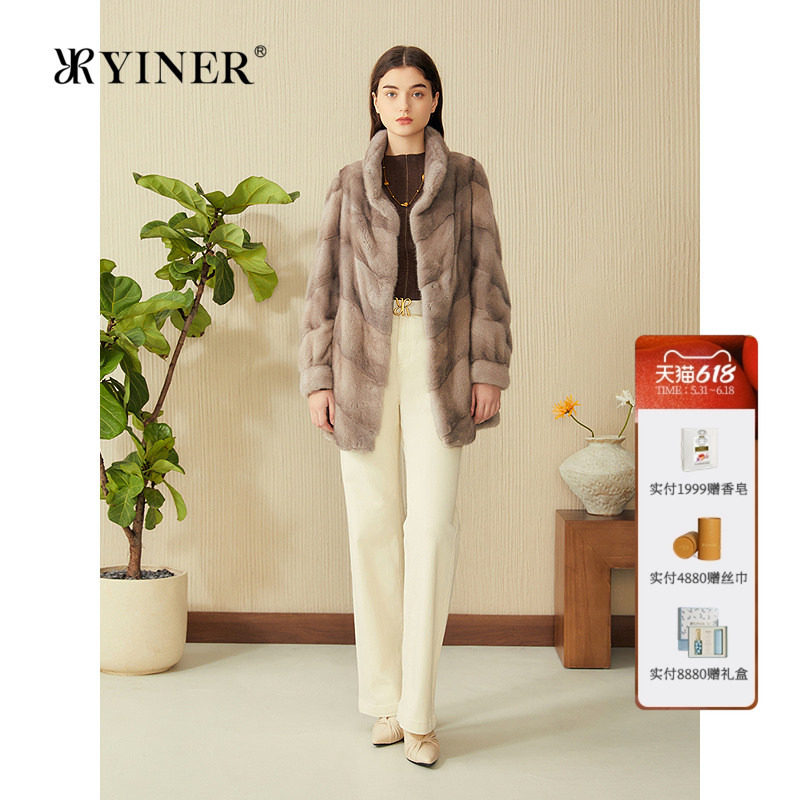 YINER音儿专选女装春季中长款水貂毛皮母貂立领真皮皮草