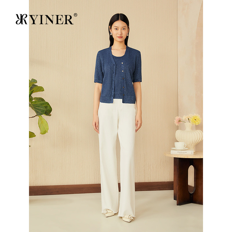YINER音儿专选女装夏季莱赛尔天丝亚麻混纺假两件亮丝针织衫
