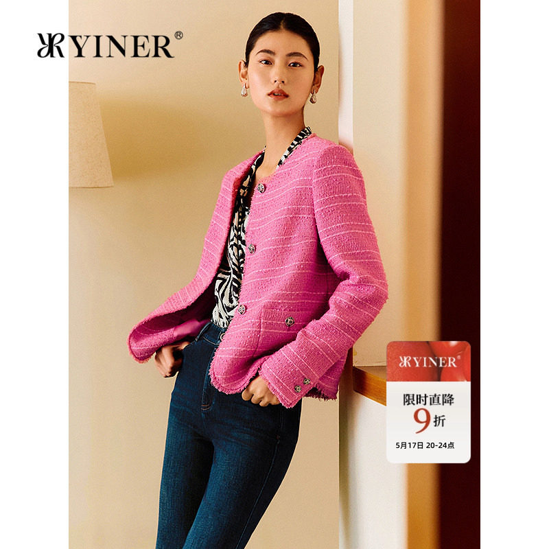YINER音儿女装春季1996系列金葱闪丝粗花呢拉毛短外套