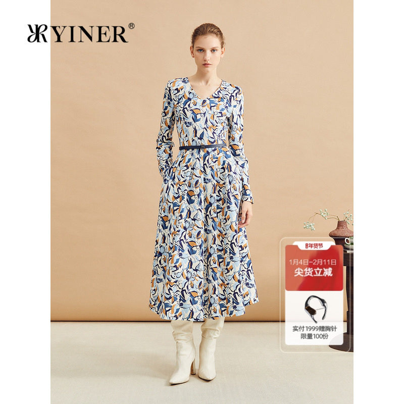 【木兰花系列】YINER音儿冬季优雅V领羊毛印花连衣裙,女装/女士精品,连衣裙,淘宝优惠券,粉丝福利购,淘宝优惠卷