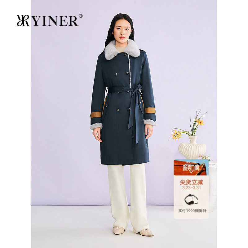 YINER音儿专选2025冬季新款中长款可拆卸水貂毛领派克服厚实
