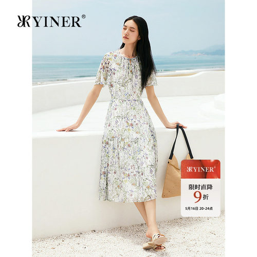 YINER音儿专选女装夏季法式优雅A字蛋糕裙摆印花连衣裙