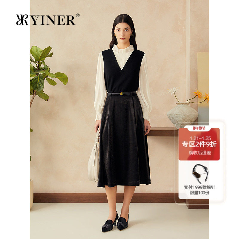 YINER音儿2025春季新款法式优雅荷叶领灯笼袖百搭假两件针织上衣,女装/女士精品,毛针织衫,淘宝优惠券,粉丝福利购,淘宝优惠卷