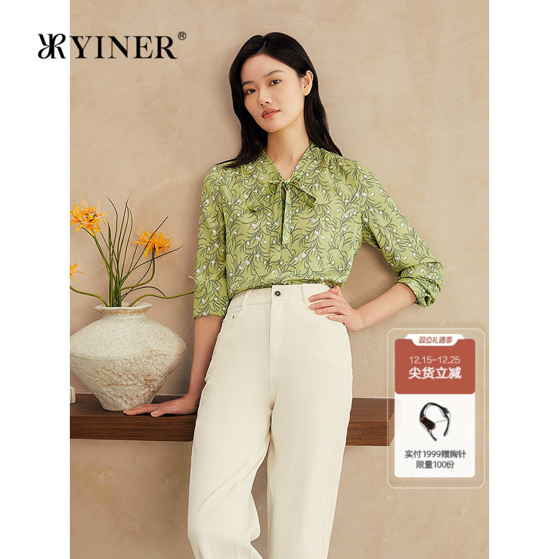 【真丝系列】YINER音儿2025夏季新款飘带领斜纹绸印花衬衫轻