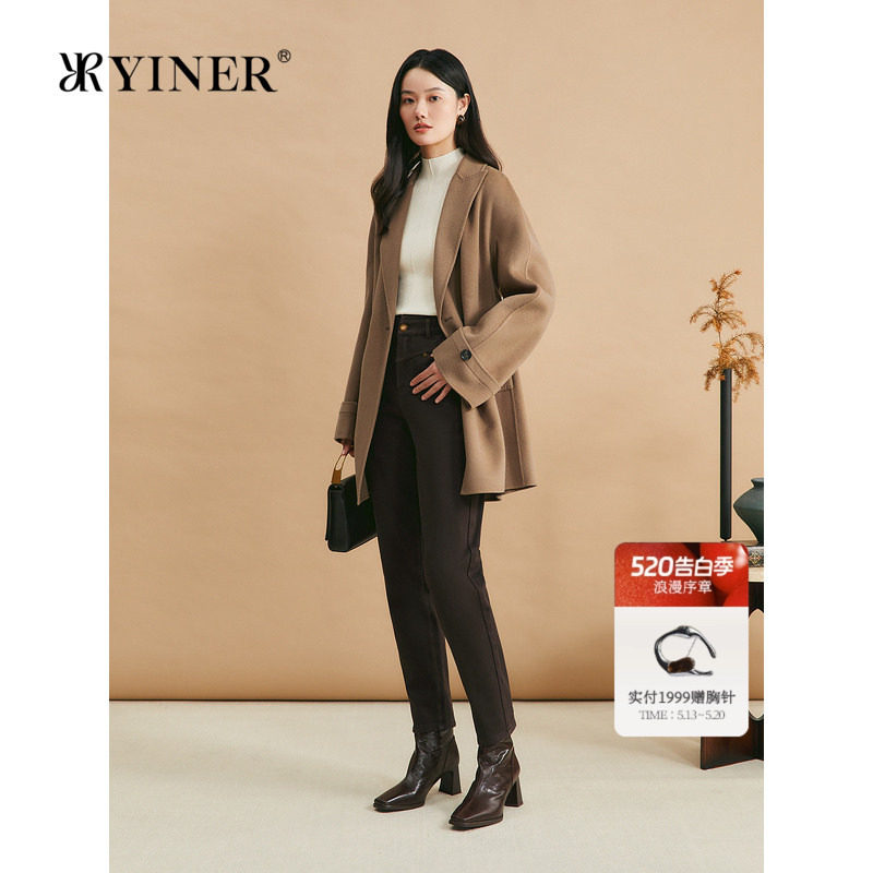 YINER音儿女装冬季戗驳领美丽诺羊毛羊绒混纺双面呢大衣外套