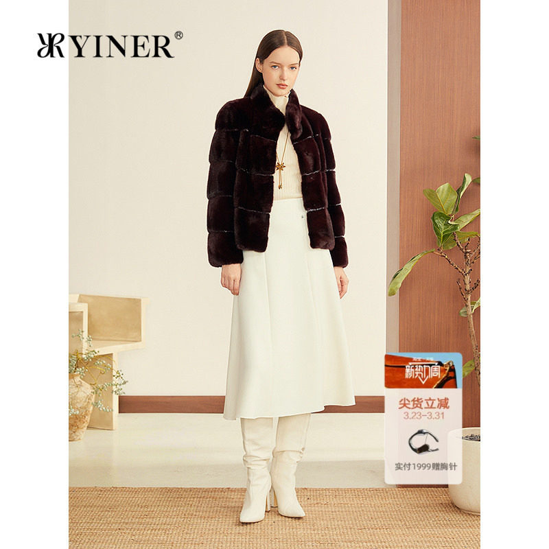 YINER音儿2025冬季新款法式酒红色进口水貂重工钉珠H型短款