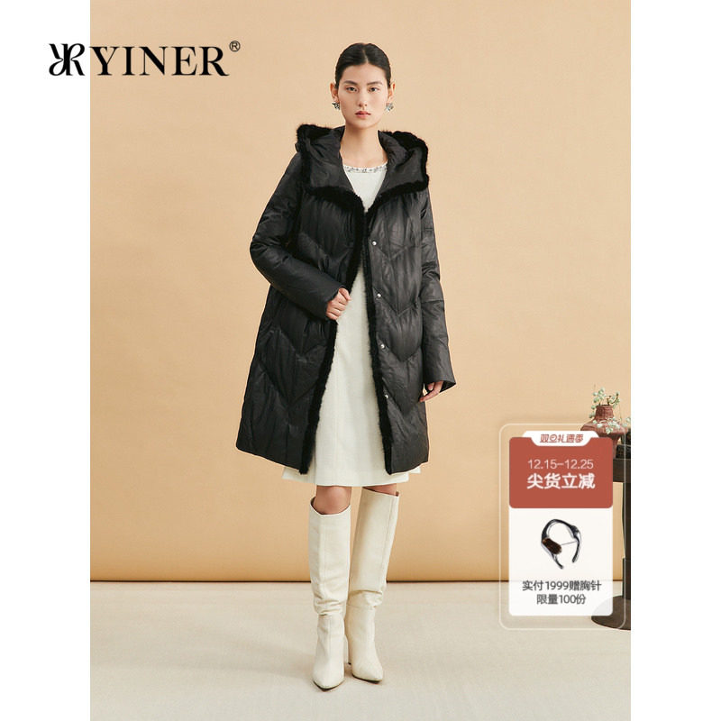 YINER音儿专选女装冬季中长款厚实水貂毛领高克重绵羊真皮羽绒服