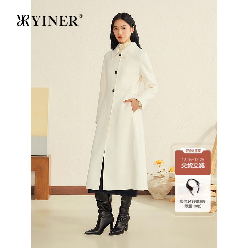 YINER音儿2025冬季新款美丽诺羊毛羊绒混纺修身长款翻领毛呢