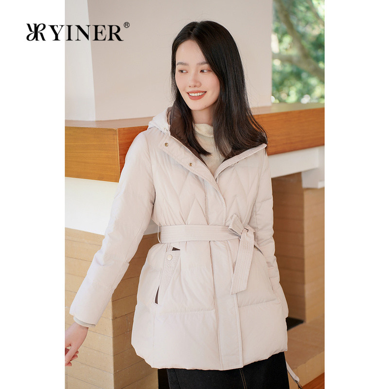 YINER音儿专选女装冬季一手长高蓬松系带收腰撞色连帽保暖羽绒服