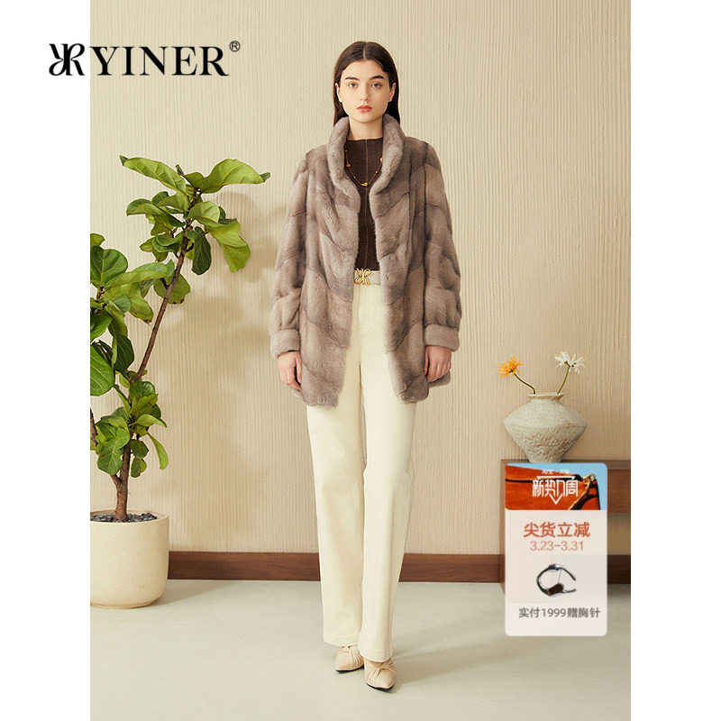 YINER音儿专选女装春季中长款水貂毛皮母貂立领真皮皮草