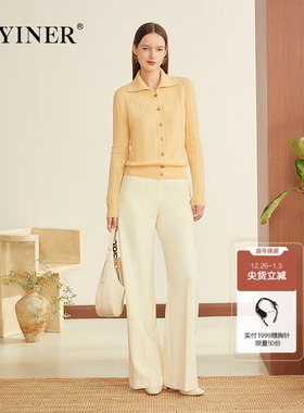 YINER音儿2025冬季新款鹅黄色翻领阿拉善羊绒羊毛混纺针织衫套头