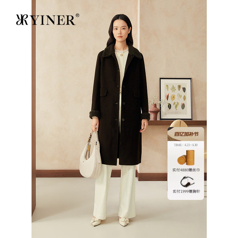 YINER音儿专选女装春季中长款颗粒绒翻领纯羊毛呢大衣外套