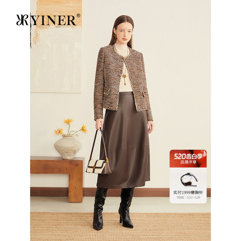YINER音儿专选女装冬季法式优雅小香风粗花呢金葱闪丝短外套