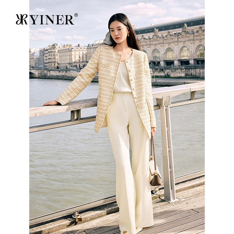 YINER音儿2025冬季新款法式小香风金葱提花亮丝粗花呢圆领外