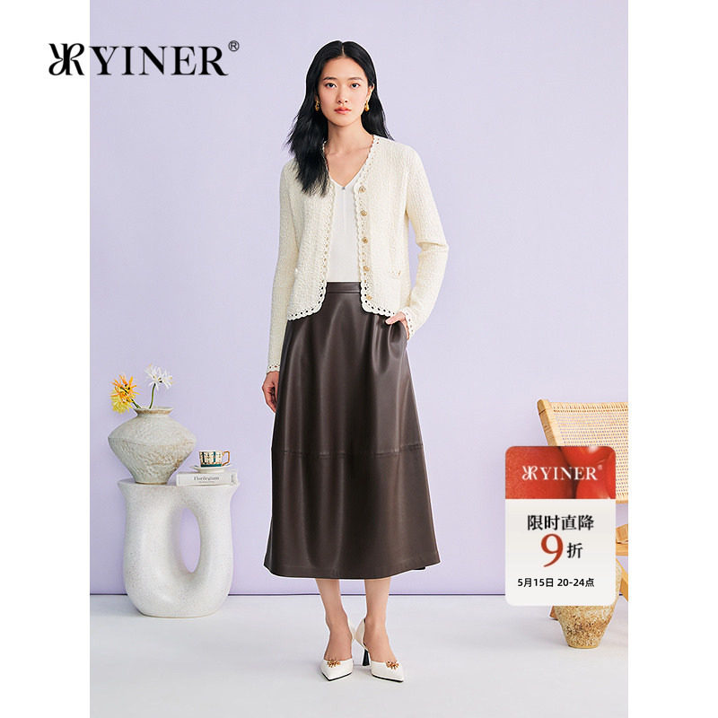YINER音儿专选2026春季新款优雅镂空花边V领美丽诺羊毛混纺