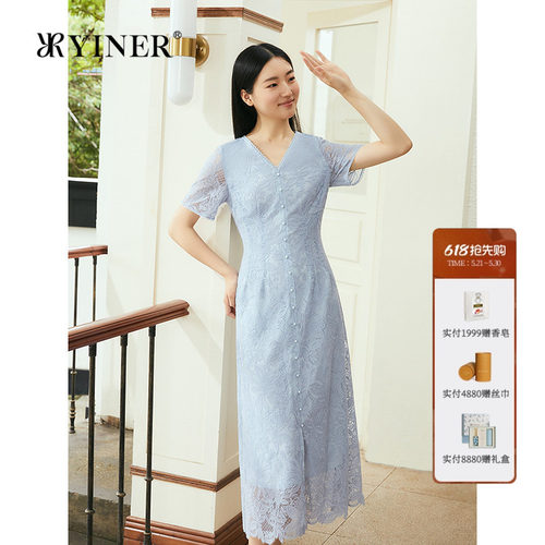 YINER音儿专选女装夏季法式V领蝶恋花蕾丝花边微收腰连衣裙