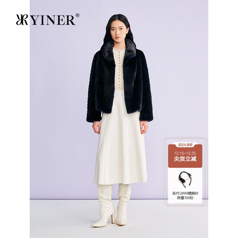 YINER音儿专选2026春季新款法式矜贵奢感一手长翻领水貂毛皮