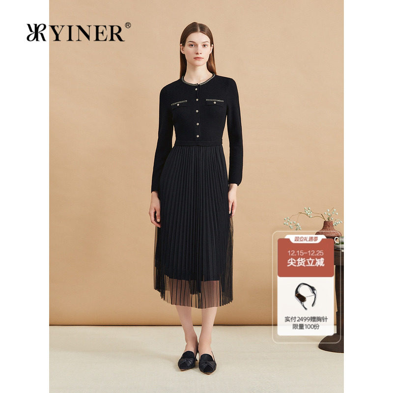 YINER音儿专选冬季复古小黑裙假两件百褶网纱针织连衣裙