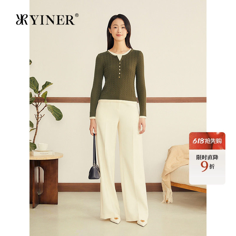 YINER音儿女装冬季法式优雅羊毛蚕丝羊绒混纺军绿撞色针织衫