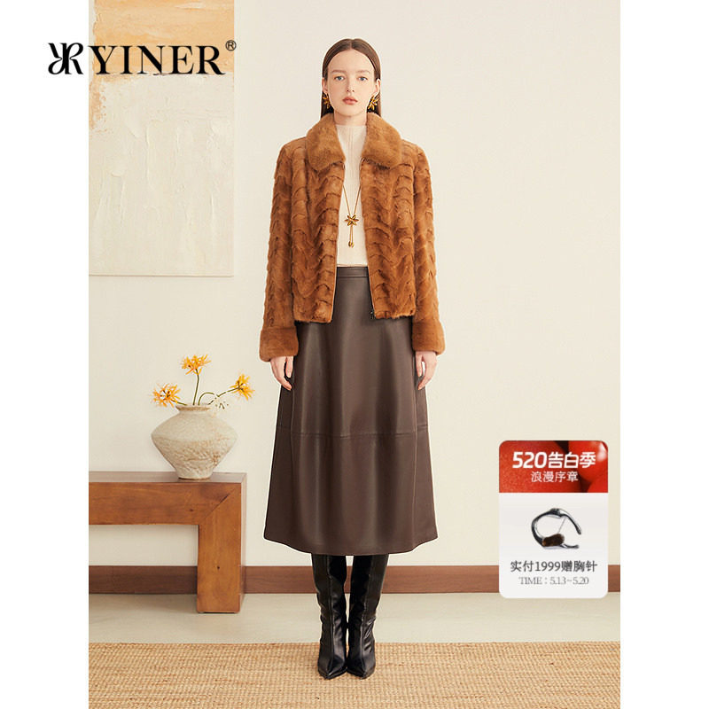 YINER音儿专选女装秋季法式复古母貂毛皮拼貂设计短皮草外套