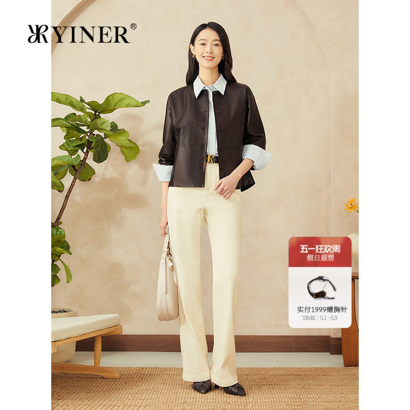 YINER音儿专选女装春季美拉德微茧型小羊皮真皮皮衣夹克外套