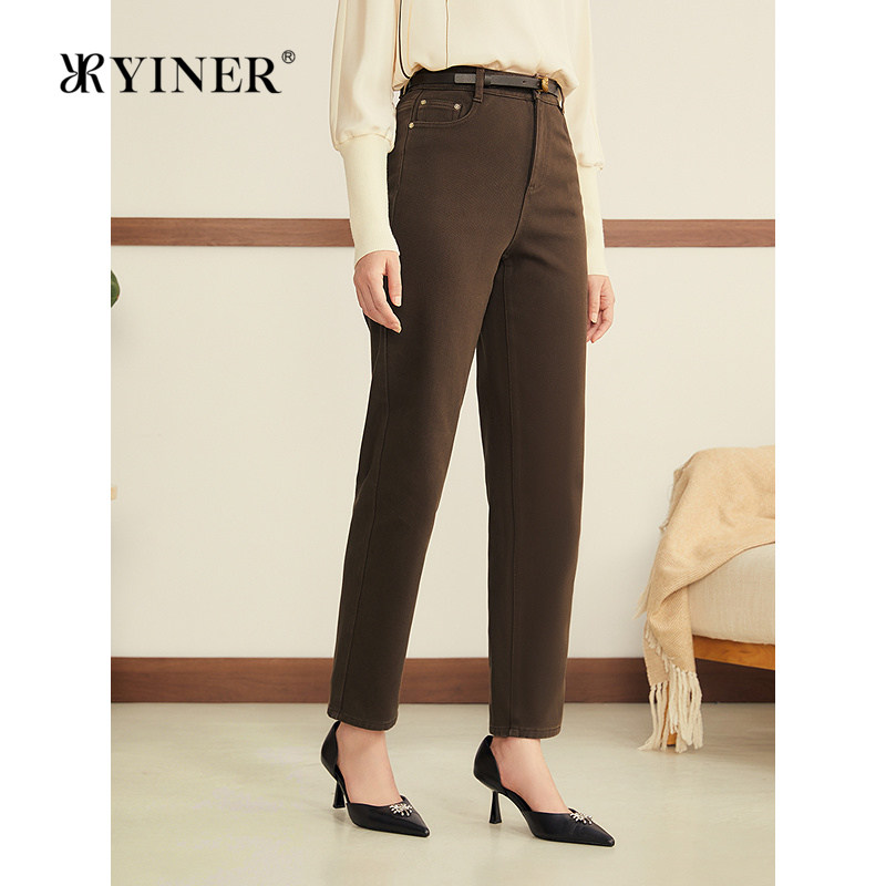 YINER音儿2025冬季新款法式舒柔种子绣花高腰小脚棉弹牛仔休