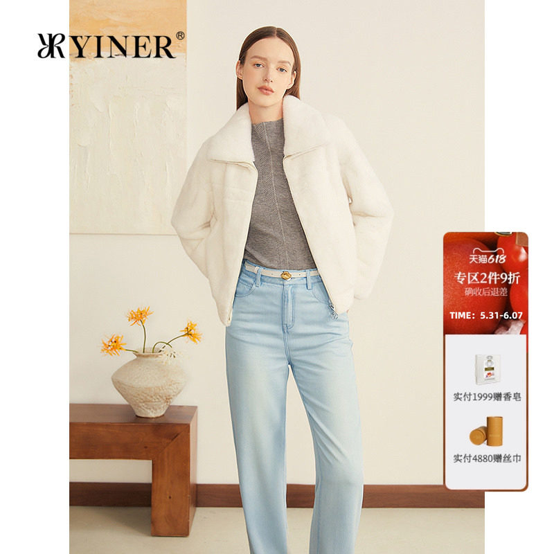 YINER音儿专选女装秋季法式母貂整貂拉链翻领短款皮草外套