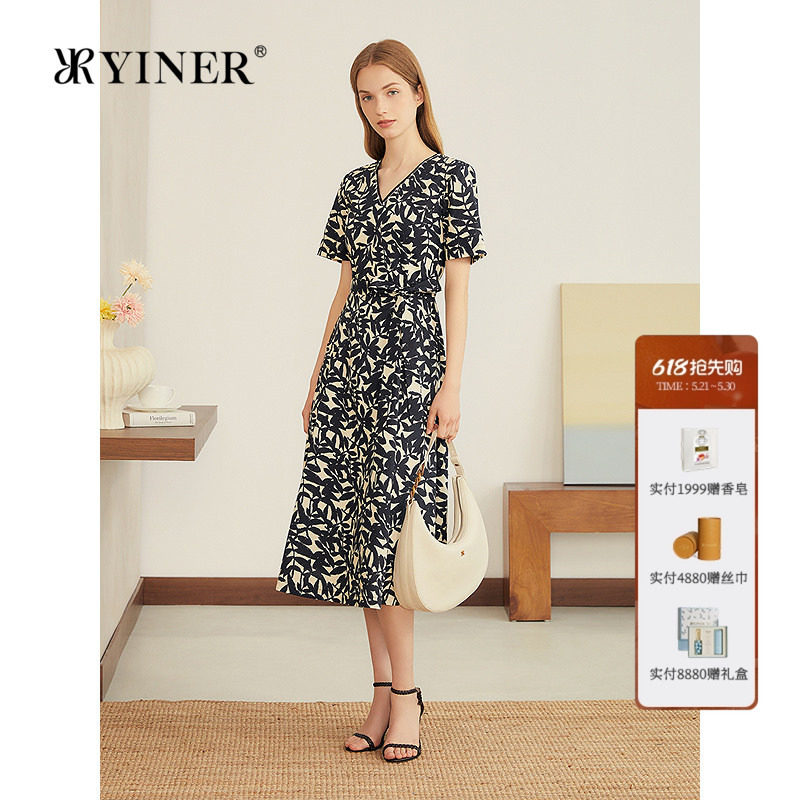 YINER音儿专选女装秋季法式复古印花经典V领撞色优雅连衣裙