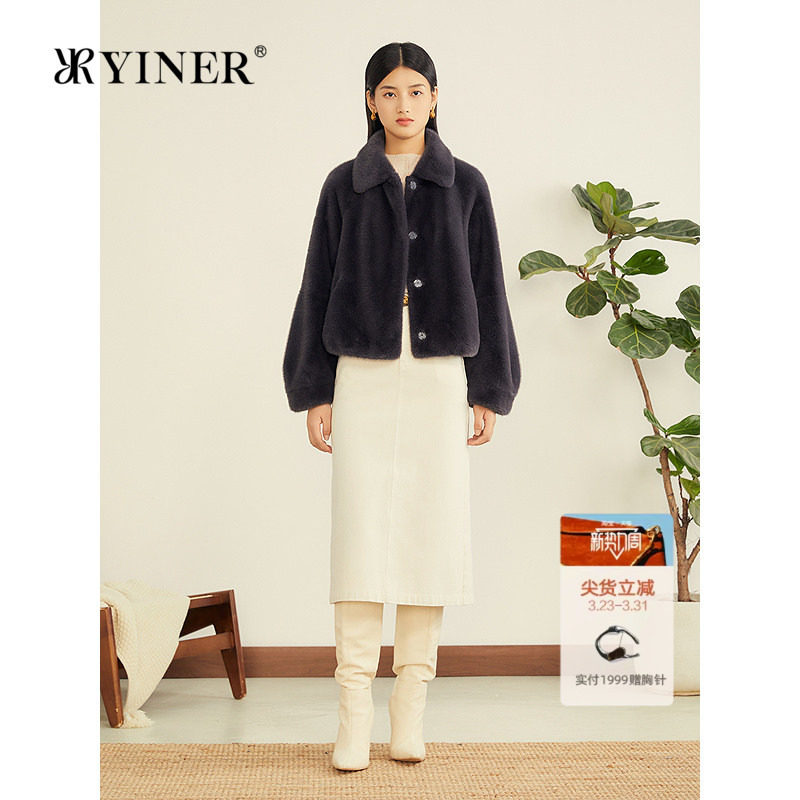 YINER音儿专选2025冬季新款法式静奢风茧型灯笼袖环保皮草短