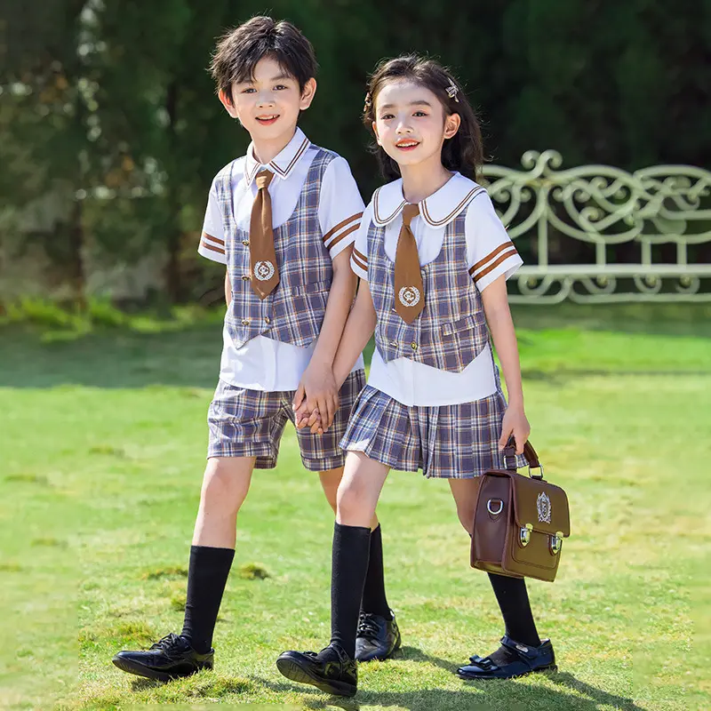 幼儿园园服毕业拍照小学生六一活动服班服校服假两件马甲格子套装