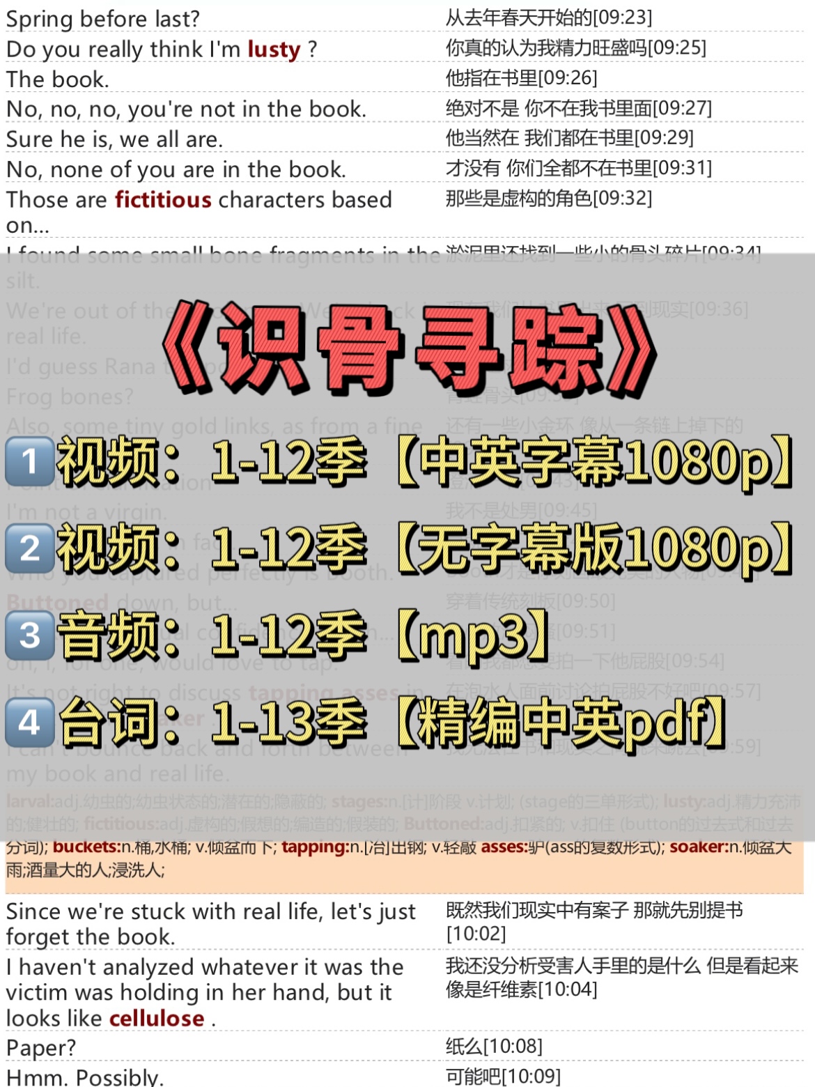 识骨寻踪台词本中英对照A4排版可打印PDF翻译台词剧本MP3电子版