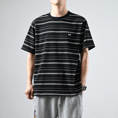 XGI日系复古条纹短袖T恤男夏季潮牌宽松休闲情侣半袖百搭流行宽松