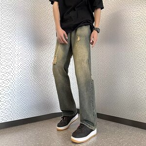 2025夏季新款男士牛仔裤直筒猫抓磨破休闲牛仔长裤 K729 P45图片