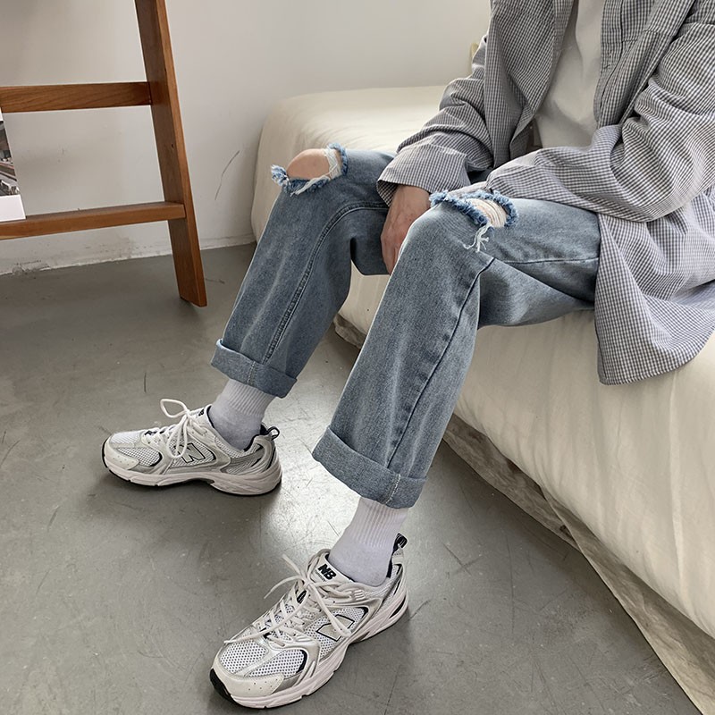 港风破洞2025春夏季新款宽松男潮流百搭直筒九分牛仔裤K140P40,男装牛仔裤,星座1108-1