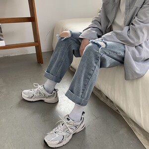 港风破洞2025春夏季新款宽松男潮流百搭直筒九分牛仔裤 K140 P40图片