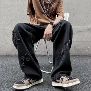 2025春夏季破洞修身直筒嘻哈排扣潮流复古牛仔裤男长裤 K940 P50图片