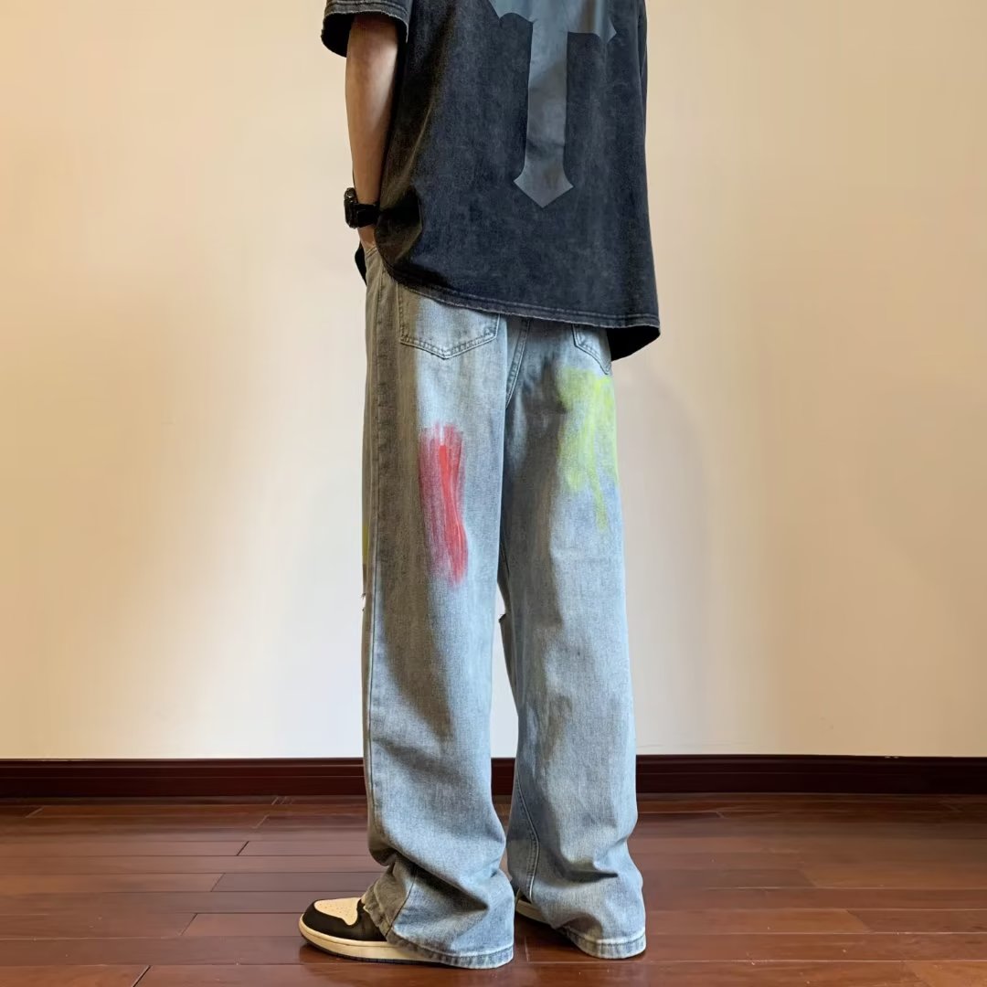 2025新款美式复古涂鸦破洞牛仔裤男阔腿直筒牛仔裤NZ919P50,男装牛仔裤,星座1108-1